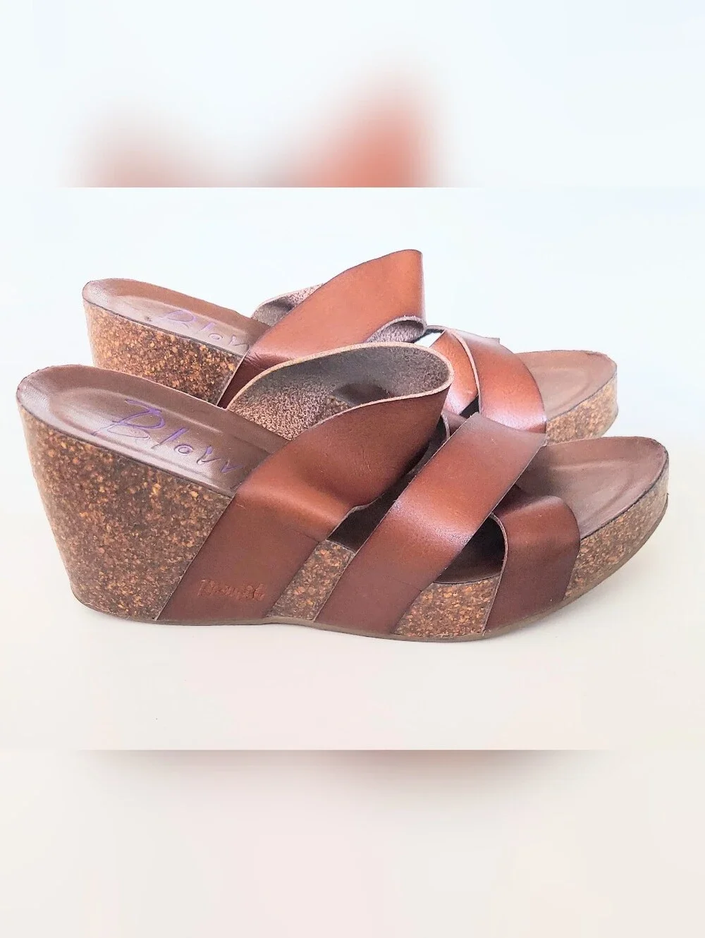 Blowfish Strappy Brown Slip On Cross Strap Open Toe Wedge Sandals Womens Size 10
